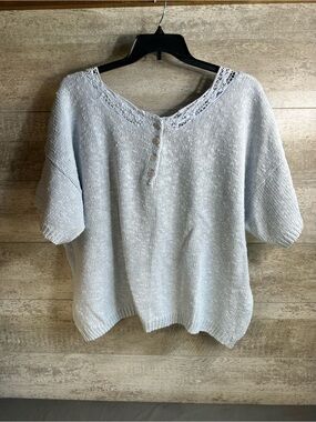 VTG 90s QPS Quality Price Style Lace Trim Dolman Sleeve Knit Sweater Blue 2X